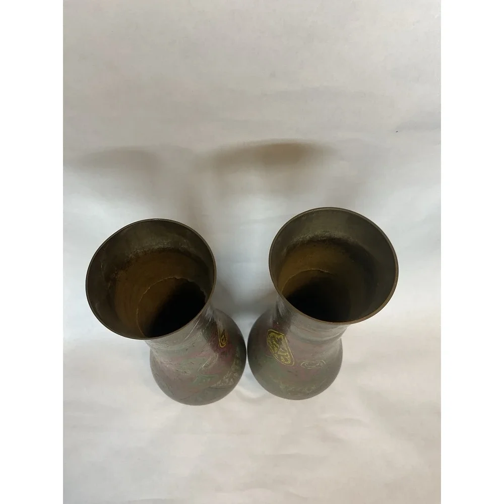 Vtg Brass Hand Etched Multicolored Flower Bud Vases Set of 2 Made In India 12